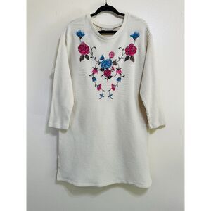 Woman Within Embroidered Floral Textured/Ribbed Tunic Top Size L (14/16)